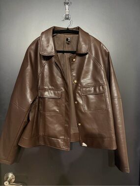 Brown Faux Leather Jacket with Flap Pockets